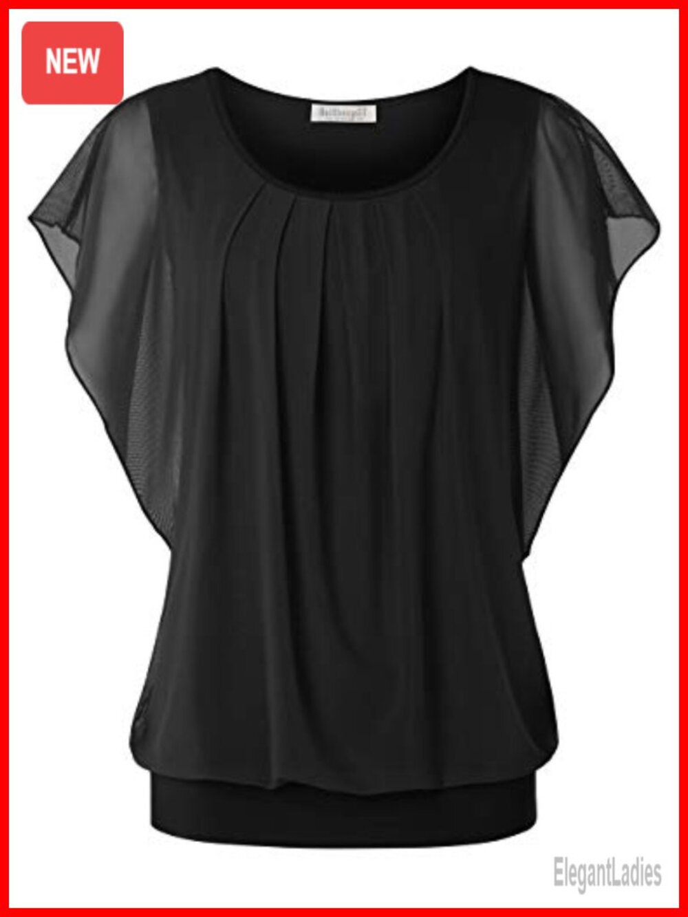 Womens Summer Flutter Sleeve Pleated Front Mesh Blouse Dressy Casual Top